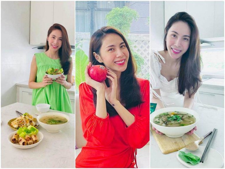 Ngoài ra, dù không dành thời gian ở phòng tập gym nhưng người đẹp Kiên Giang cũng theo đuổi chế độ ăn uống lành mạnh, đa dạng các loại rau củ quả. Nhờ đó mà cô luôn mảnh mai và xinh đẹp dẫu đã ngoài 30 và trải qua một lần sinh nở.