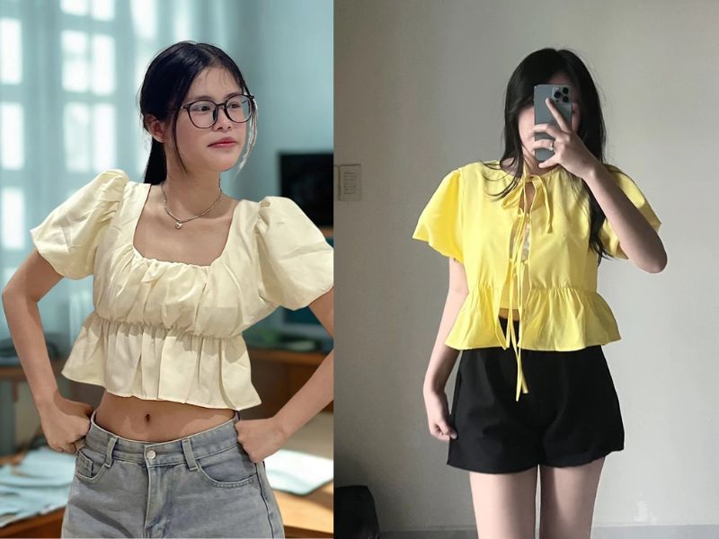 mix áo babydoll với chân váy dài