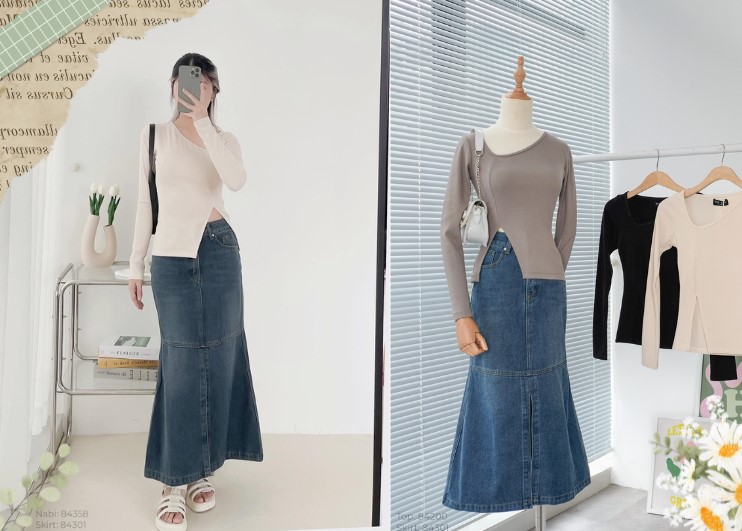 Chân váy bò dài mặc với áo gì? Gợi ý 20+ cách phối đồ chuẩn đẹp