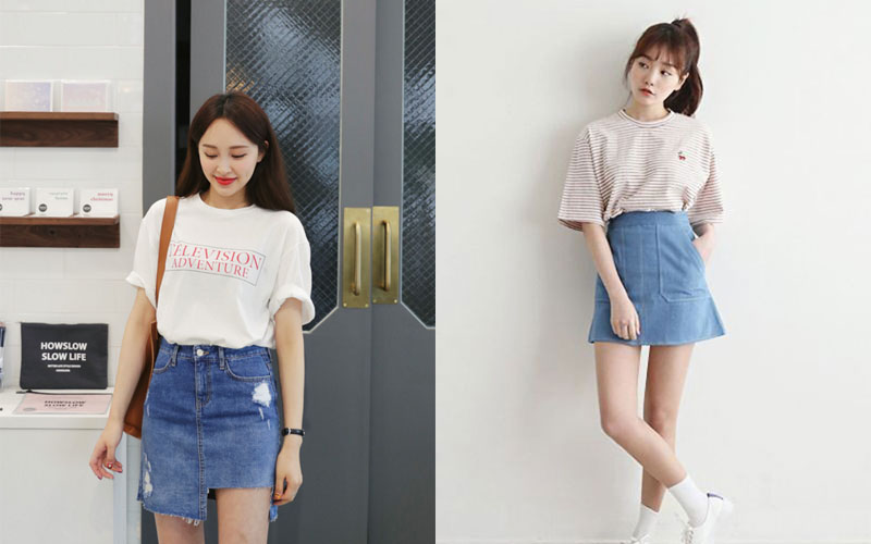 Cách phối đồ với chân váy jean dài