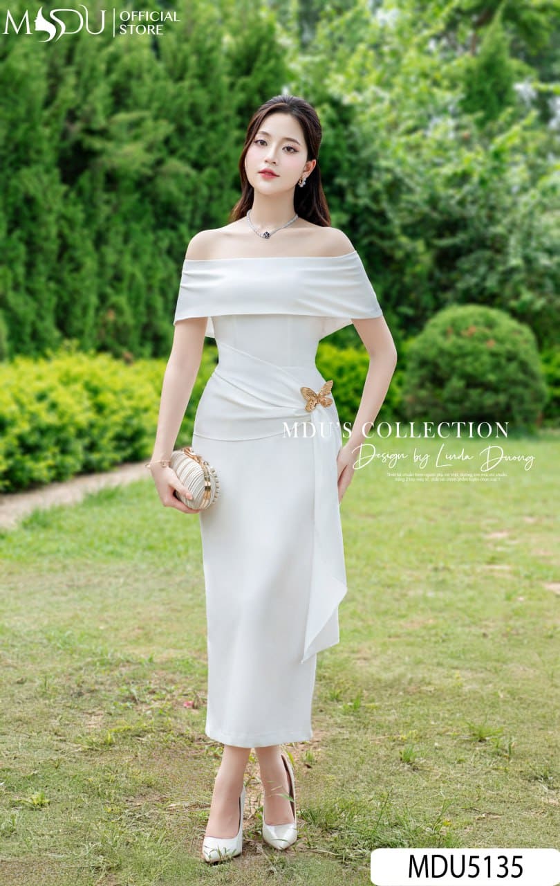 Váy Thiết Kế MDU5135 Lụa Mango Trắng Dáng Ôm Trễ Vai