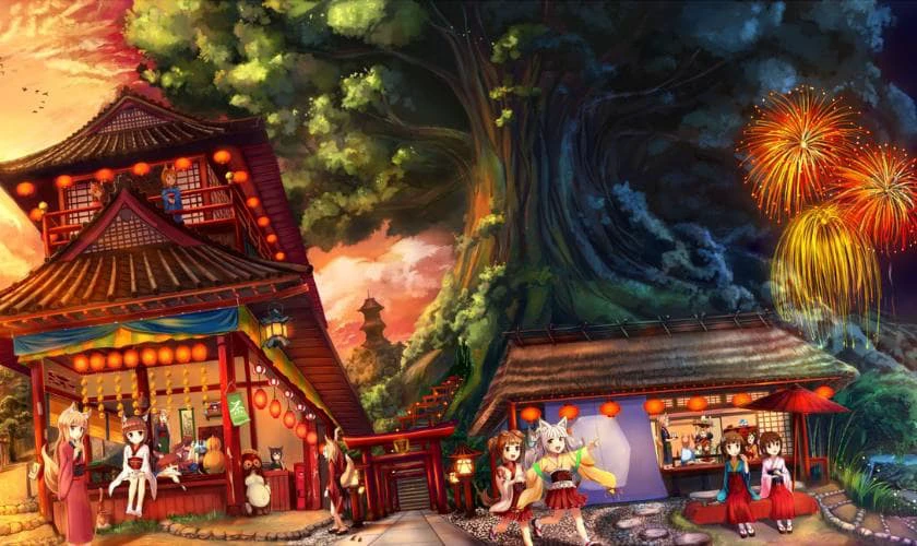 Hình nền máy tính phong cách truyền thống Á Đông dễ thương