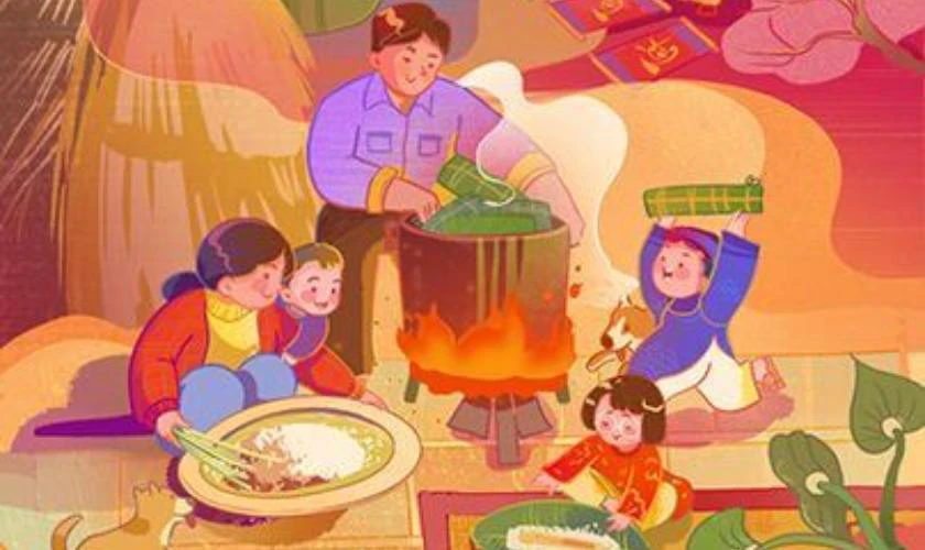 Hình nền Tết anime không khí gia đình sum vầy