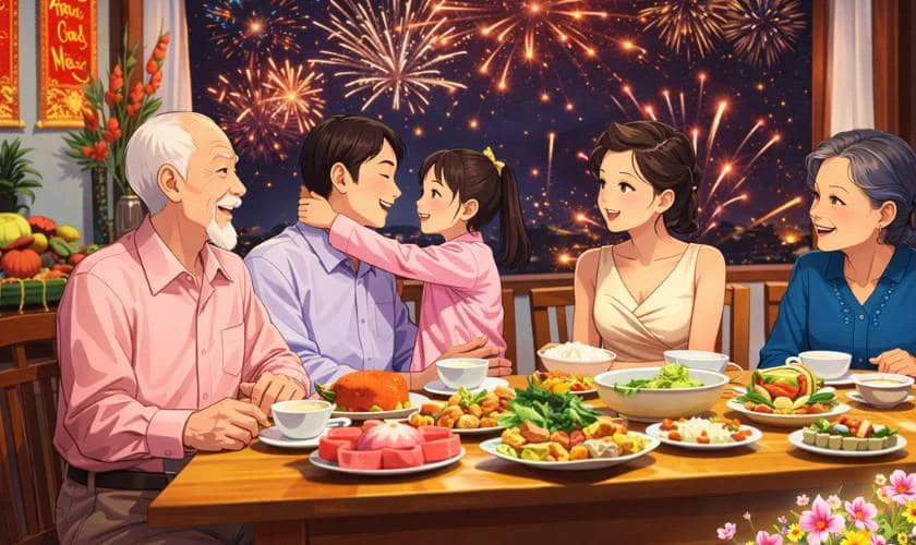 Hình nền Tết anime không khí gia đình sum vầy bắt mắt