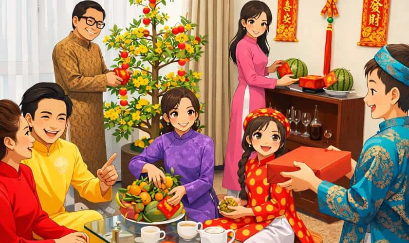 Hình nền Tết anime không khí gia đình sum vầy ấm cúng