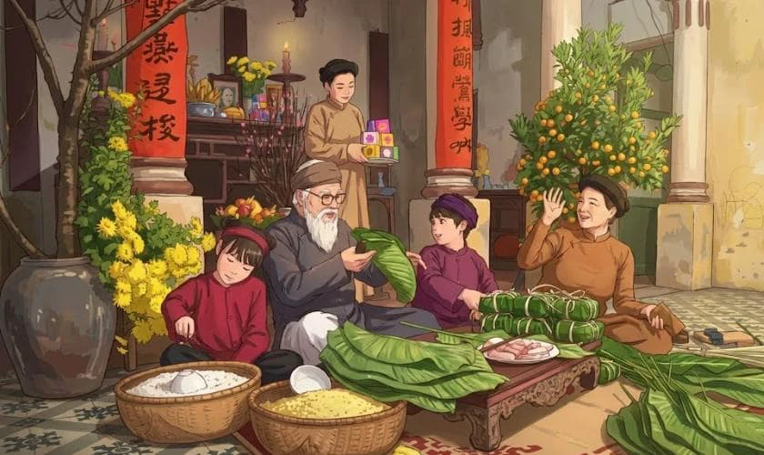 Hình nền Tết anime không khí gia đình sum vầy rộn ràng