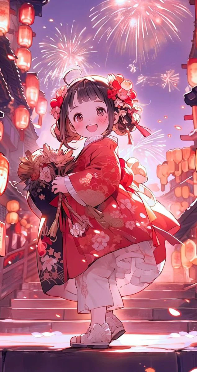 Anime bé gái và đèn lồng mang không khí Tết