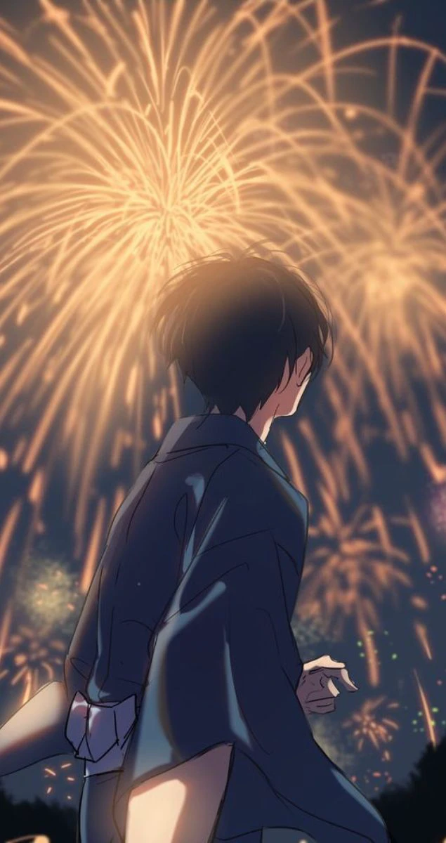 Hình nền chàng trai anime ngắm pháo hoa