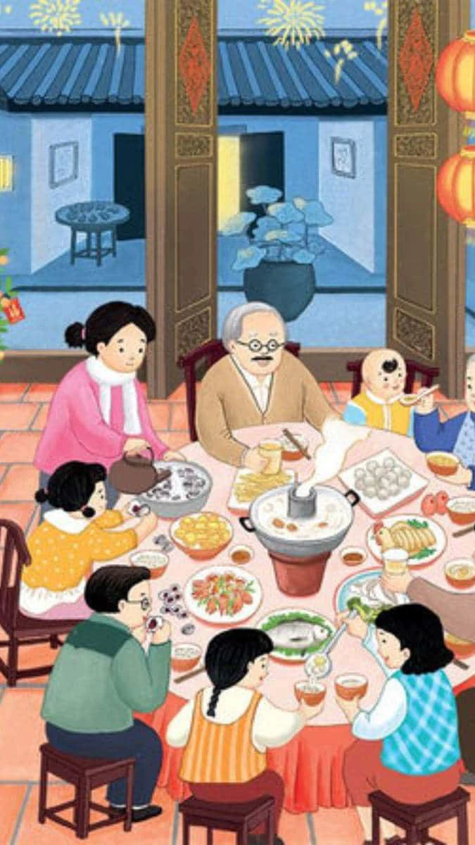 Hình nền Tết anime gia đình đáng yêu