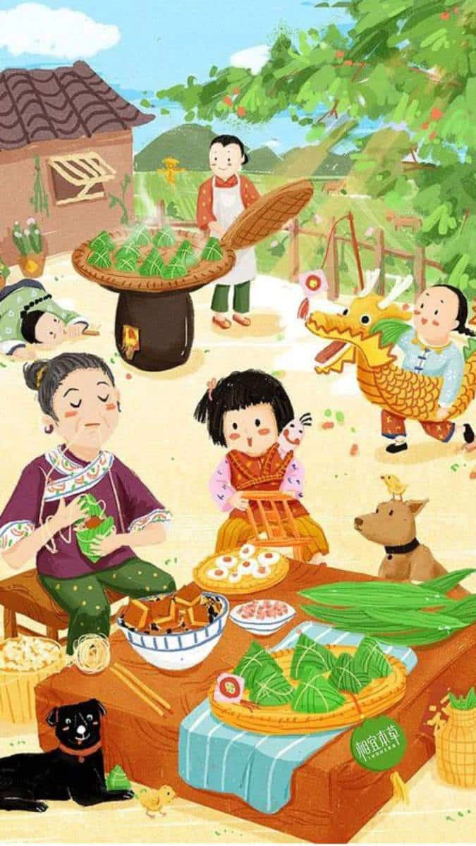 Hình nền Tết anime gia đình bắt mắt