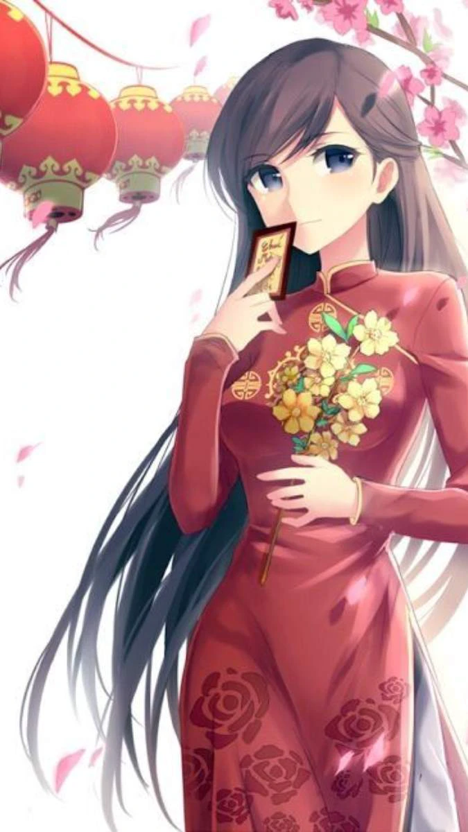 Hình nền Tết anime cô gái mặc áo dài
