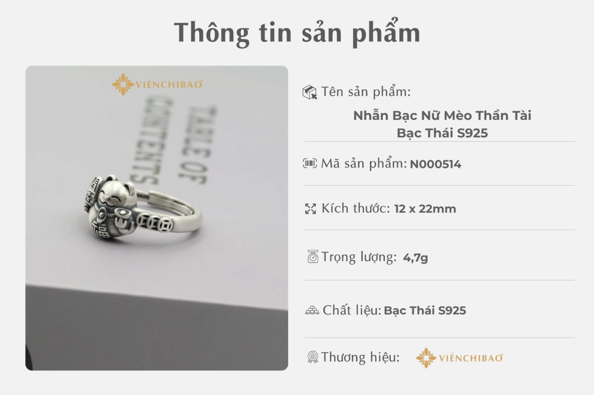 Nhẫn Bạc Nữ Mèo Thần Tài - Bạc Thái S925 Viễn Chí Bảo