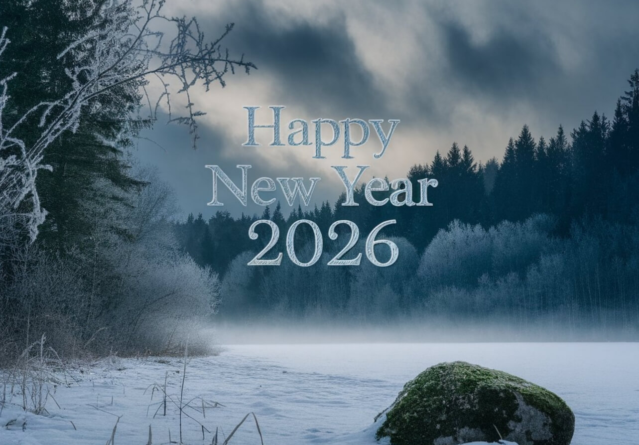 Nền rừng mùa đông với những bông tuyết lạnh giá. Văn bản Chúc mừng năm mới 2026 bằng phông chữ màu xanh băng giá