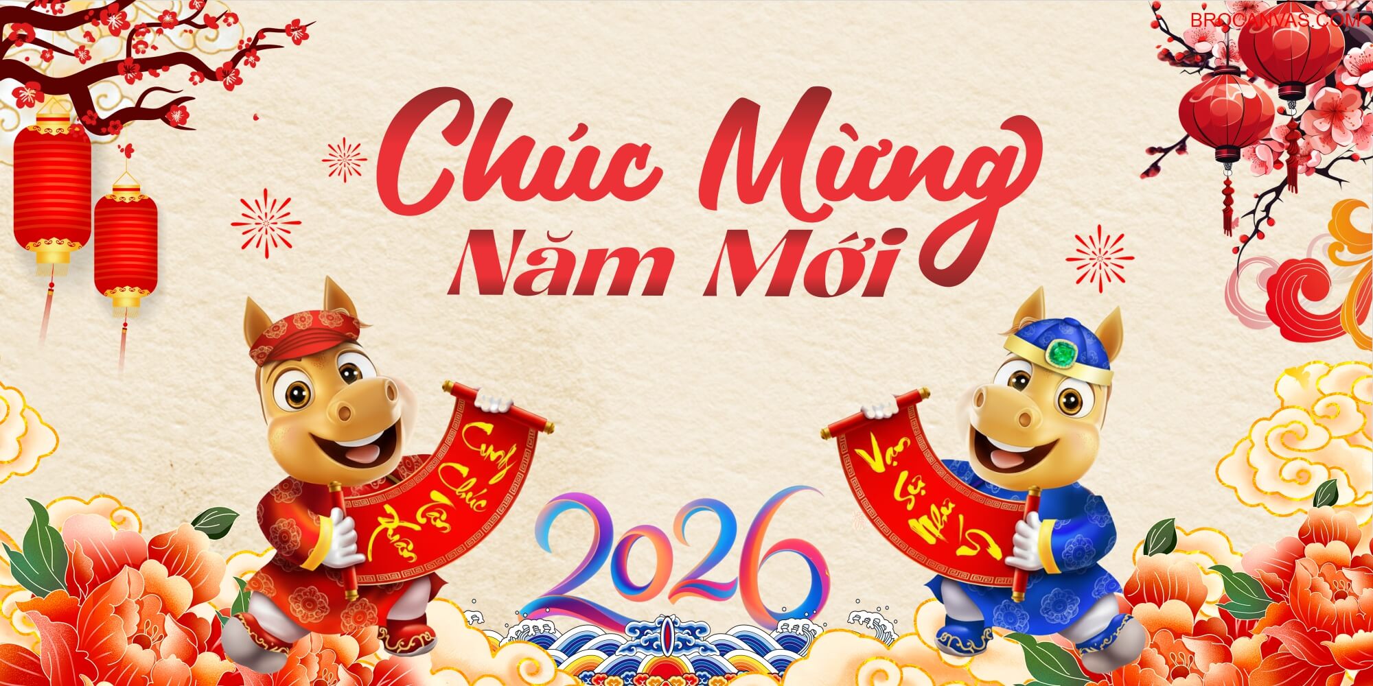 Ảnh hai chú ngựa chúc tết 2026 Cung Chúc Tân Xuân Vạn Sự Như Ý