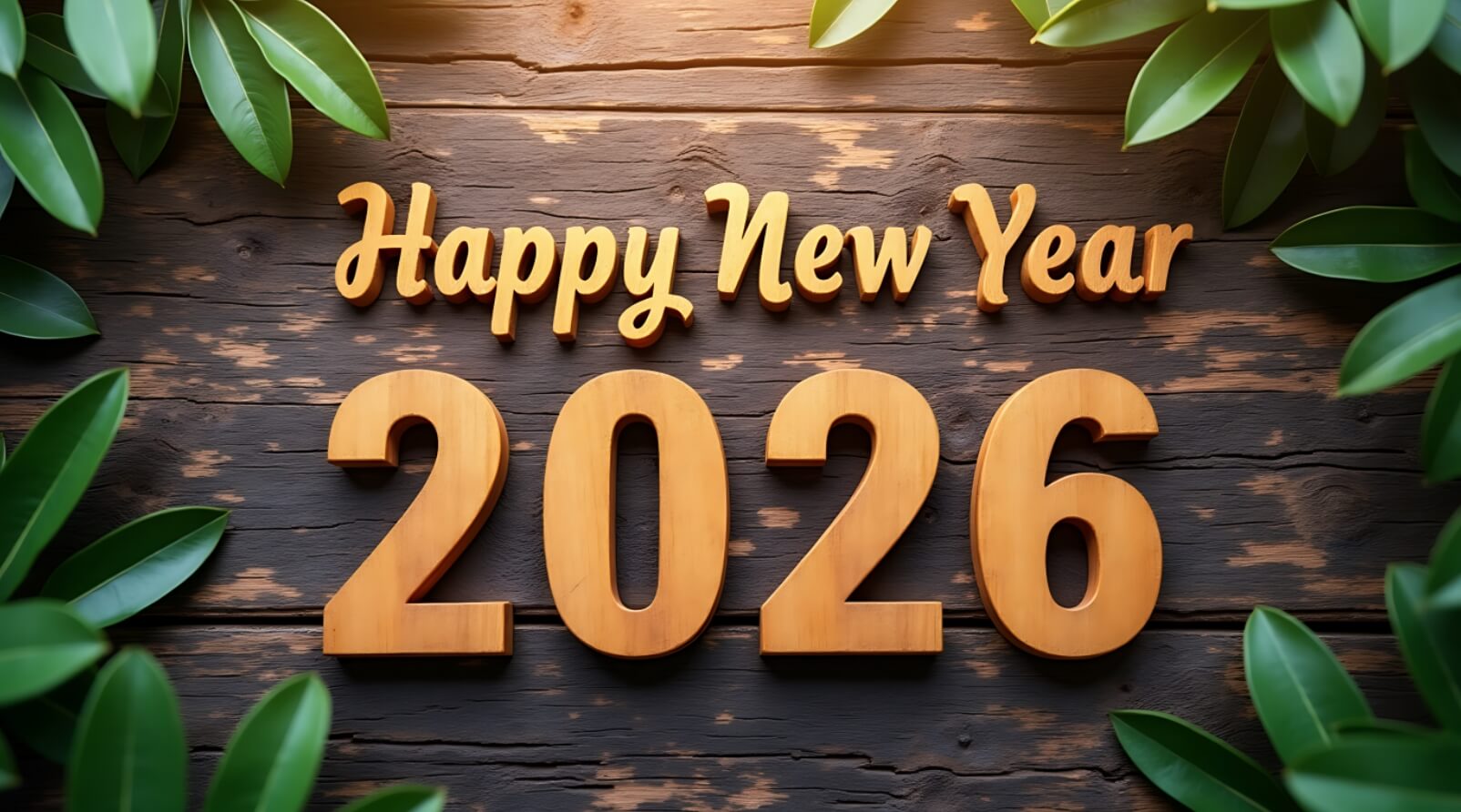 Happy new year 2026 trên nền background gỗ và lá cây