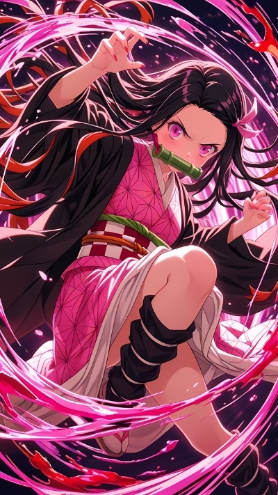 Ảnh nền nezuko chiến đấu đẹp rực rỡ cho mobile