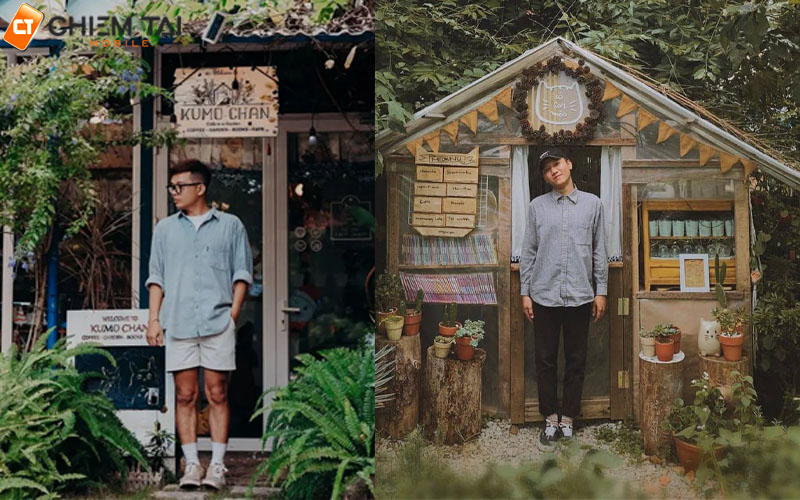 Tạo dáng chụp ảnh ngay tại trước cửa quán cafe