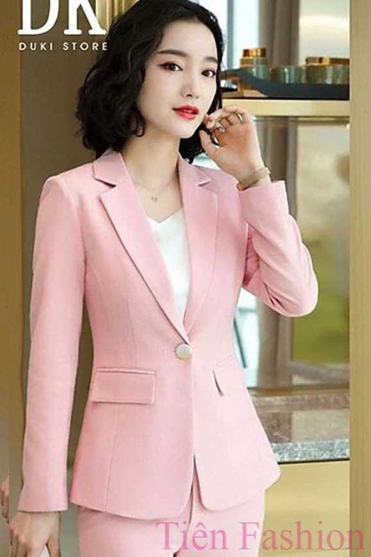 Bộ Vest Nữ Công Sở Màu Hồng Phấn Tay Dài 1 Nút TF116-1
