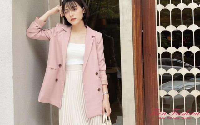 Bộ vest nữ công sở màu hồng phấn tay dài 1 nút - Phối màu be nhạt