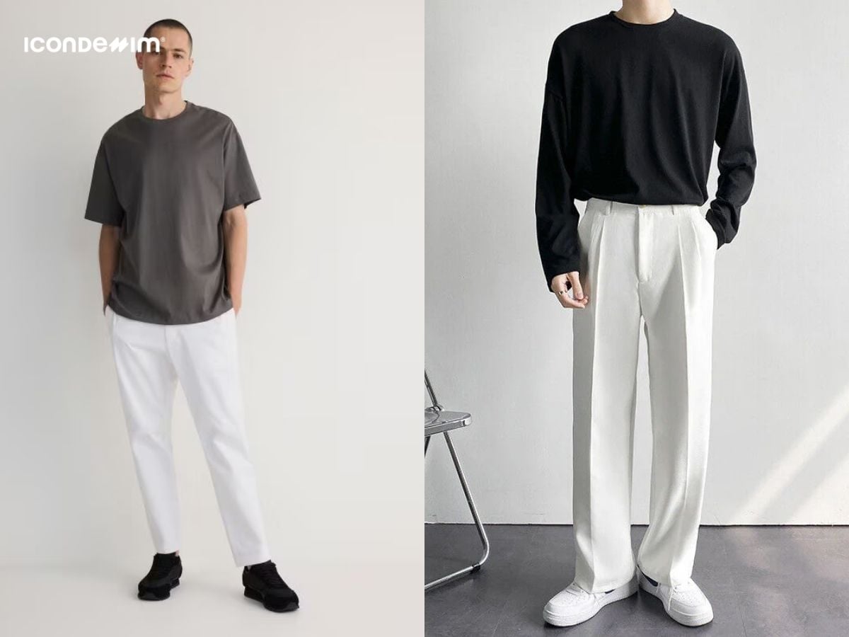 Áo thun trơn mix với quần baggy trắng