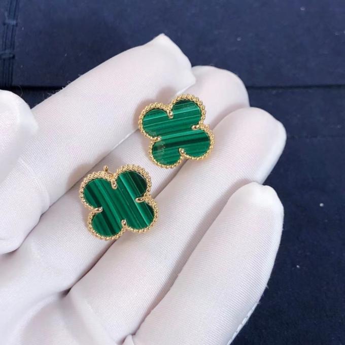 Van Cleef And Arpels Mini Alhambra Earrings 18k Yellow Gold Malachite 3