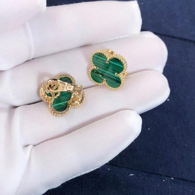Van Cleef And Arpels Mini Alhambra Earrings 18k Yellow Gold Malachite 4