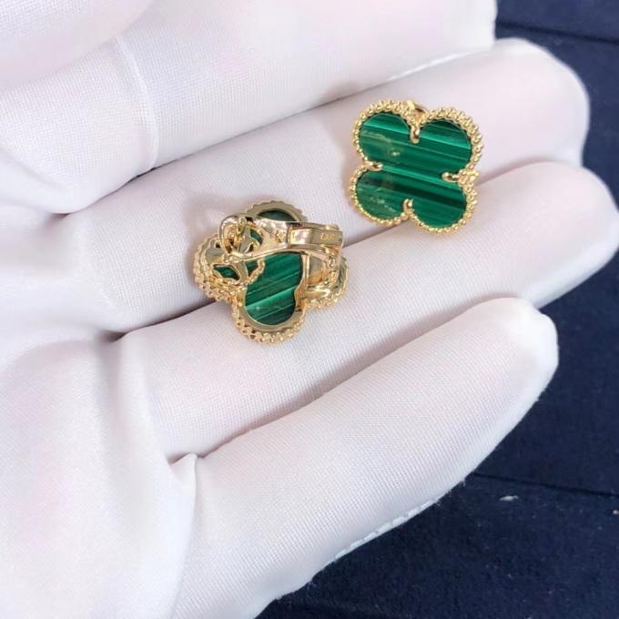 Van Cleef And Arpels Mini Alhambra Earrings 18k Yellow Gold Malachite 5
