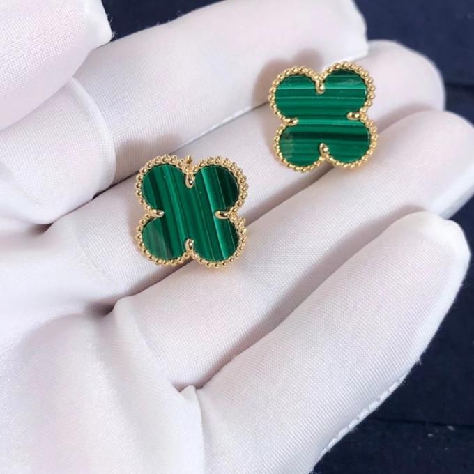 Van Cleef And Arpels Mini Alhambra Earrings 18k Yellow Gold Malachite 6