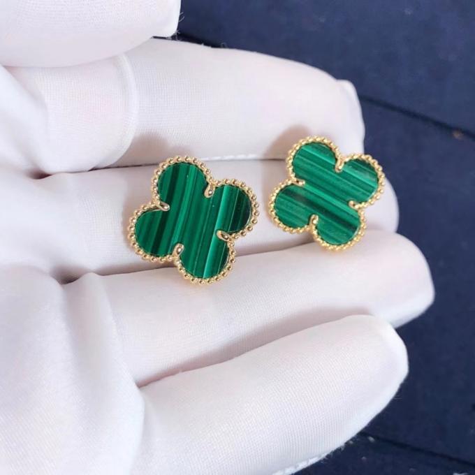 Van Cleef And Arpels Mini Alhambra Earrings 18k Yellow Gold Malachite 7