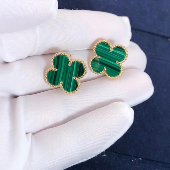 Van Cleef And Arpels Mini Alhambra Earrings 18k Yellow Gold Malachite 1