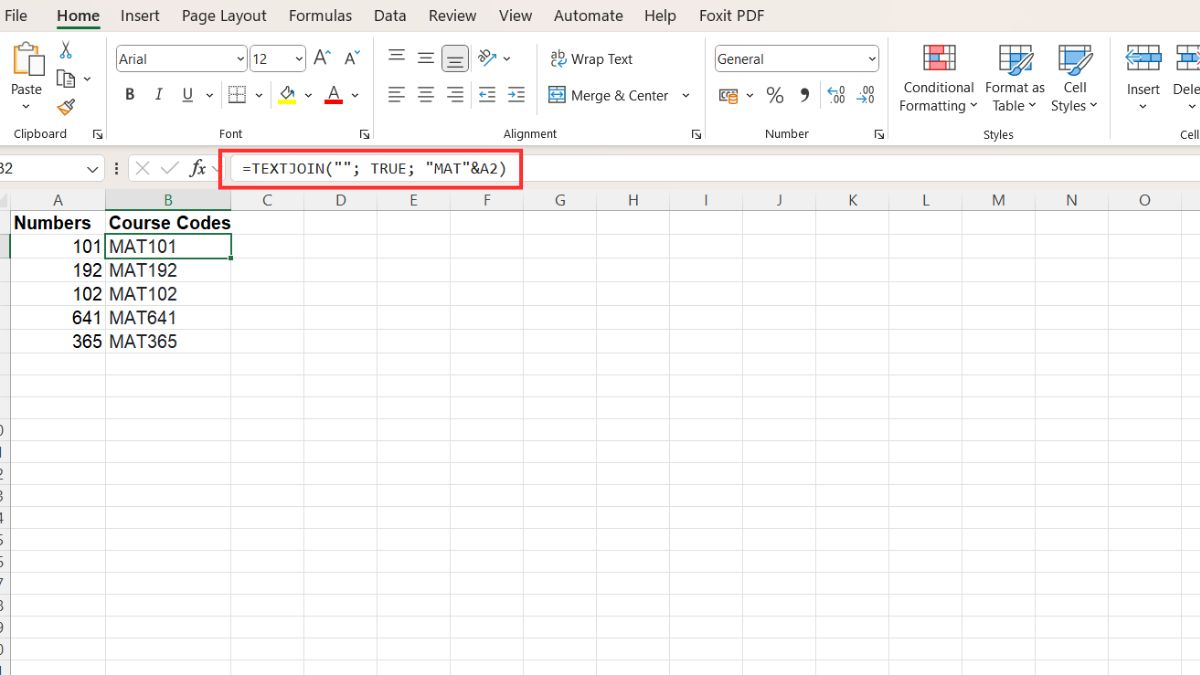 Cách sử dụng hàm TEXTJOIN trong Excel thê các tiền tố và hậu tố