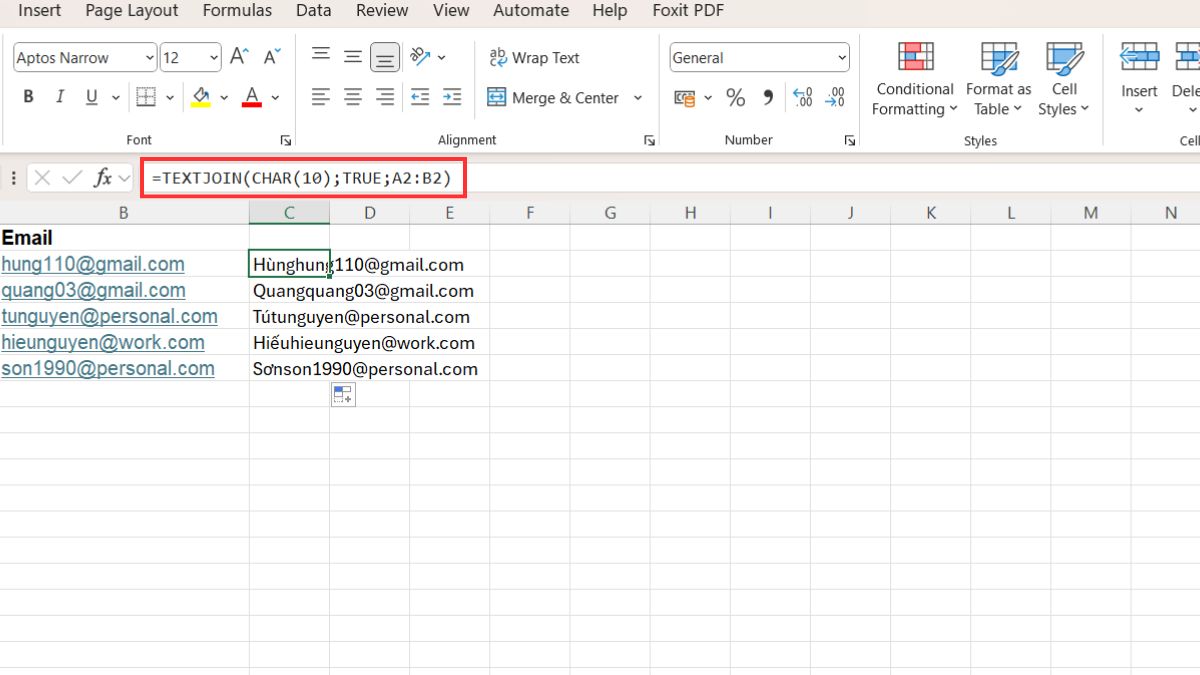 Cách sử dụng hàm textjoin gộp ô ngắt giữa đoạn bước 1