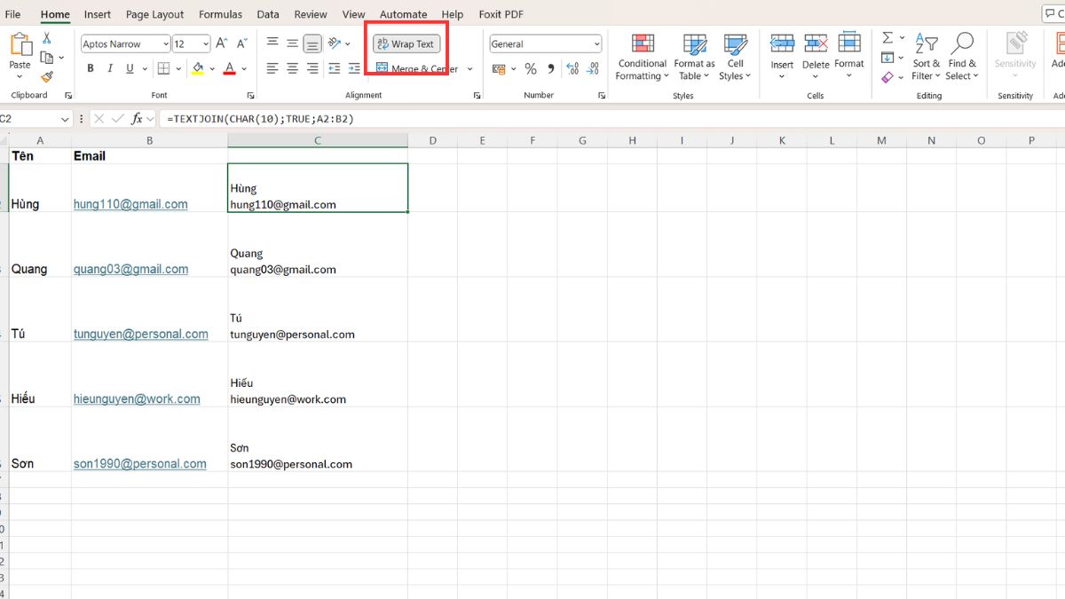 Cách sử dụng hàm textjoin gộp ô ngắt giữa đoạn bước 3