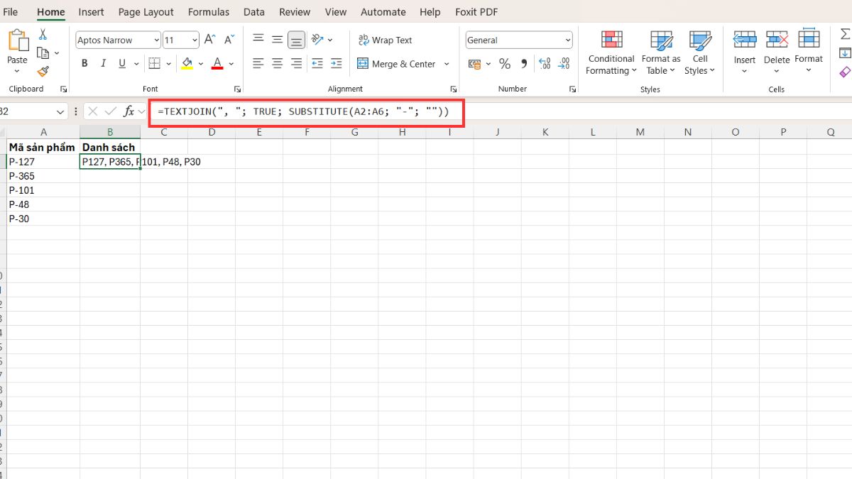 Cách sử dụng hàm textjoin kết hợp với hàm SUBSTITUTE