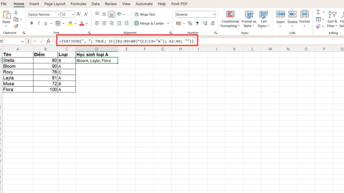 Cách sử dụng hàm textjoin kết hợp với hàm if