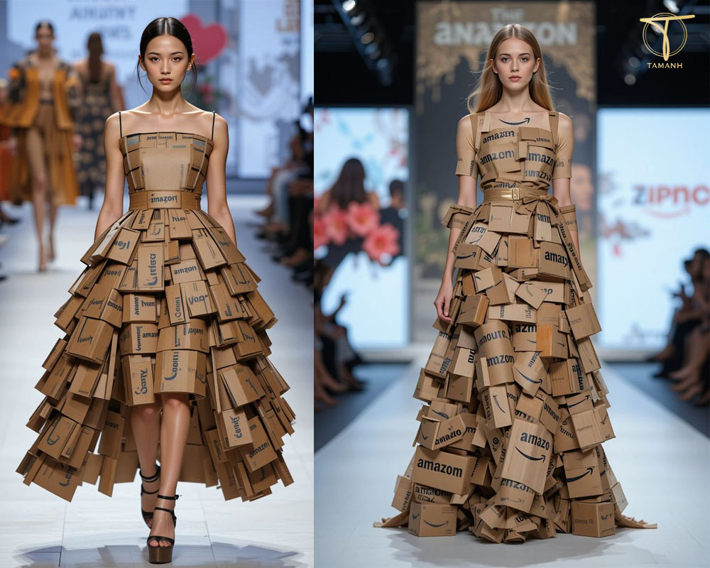Trang phục thời trang tái chế được AI sáng tạo với thông điệp tận dụng hộp giấy giao hàng