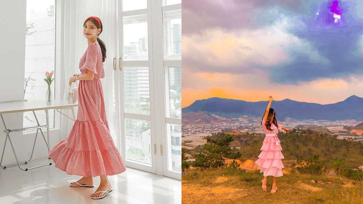 Cách tạo dáng chụp ảnh đẹp khi mặc váy dàivới Nhấc một chân lên và nhìn hướng khác