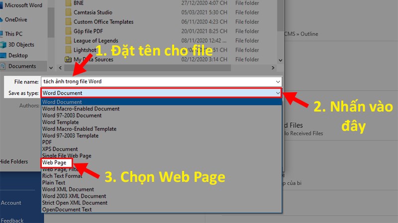 Ở hộp thoại Save as hiện lên > Chọn vị trí lưu file > Đi đến dòng Save as type > Chọn kiểu Web Page (*.htm;*.html)