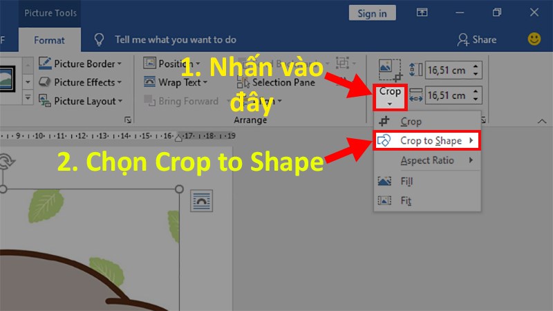 Đi đến phần Size > Nhấn vào mũi tên gần Crop > Chọn Crop to Shape