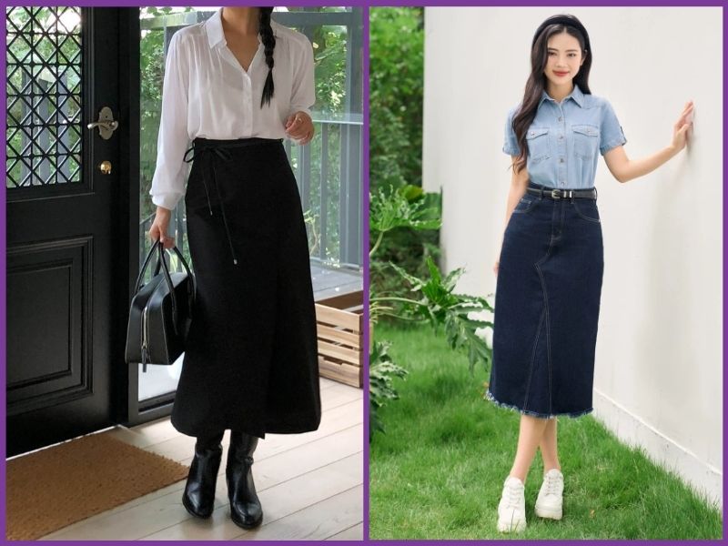 phối đồ với chân váy dài chữ A