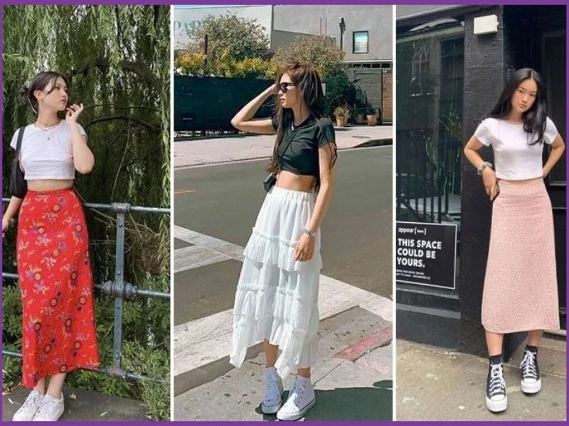 phối đồ với chân váy dài chữ A