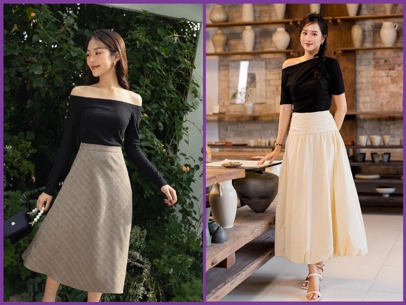 phối đồ với chân váy dài chữ A