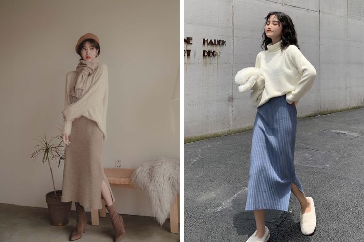 Cách phối đồ với chân váy len dài