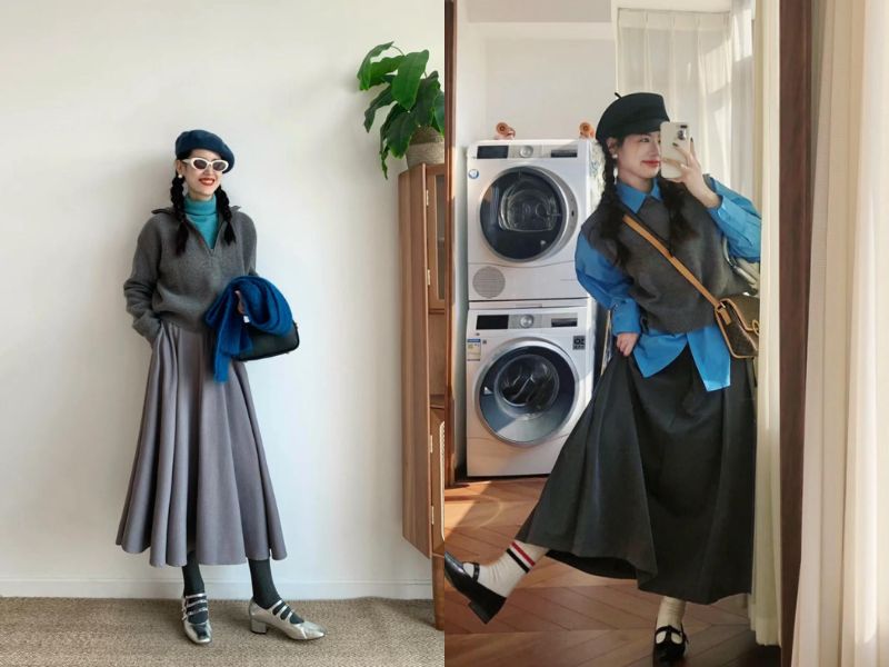 mix chân váy xòe dài mùa đông