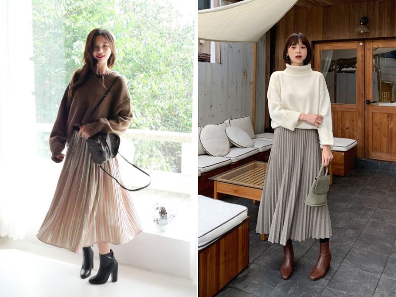 mix chân váy xòe dài mùa đông