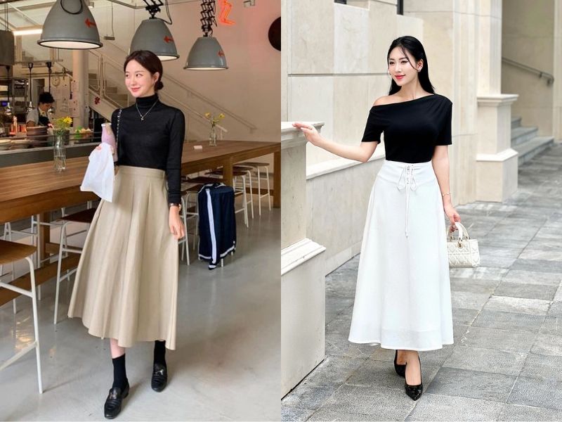 mix chân váy xòe dài mùa đông