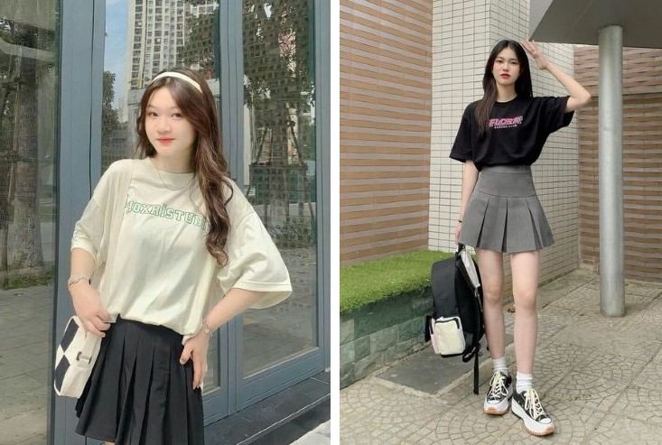 phối đồ với chân váy xếp ly ngắn