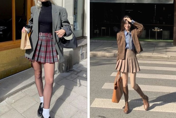 phối đồ với chân váy xếp ly ngắn
