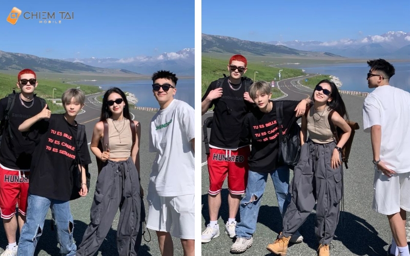 Tạo dáng chụp hình 4 người ở ngoài trời khi đi du lịch