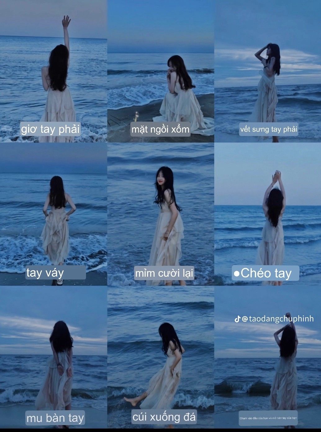 Tạo dáng nằm nghiêng trên cát với váy xoè nhẹ